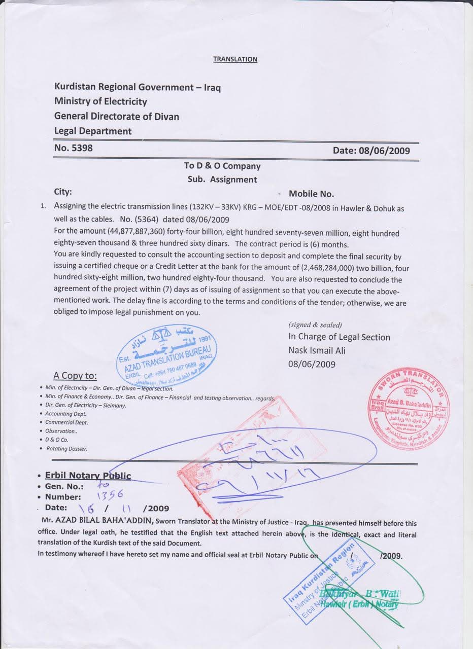 KRG Ministry of Electricity Contract No. 5398 - 2009