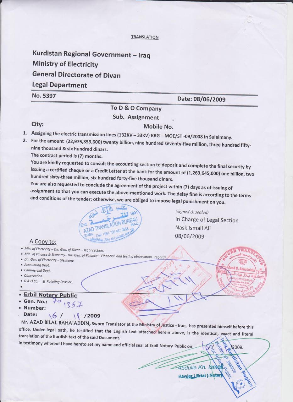 KRG Ministry of Electricity Contract No. 5397 - 2009 Sulaimany